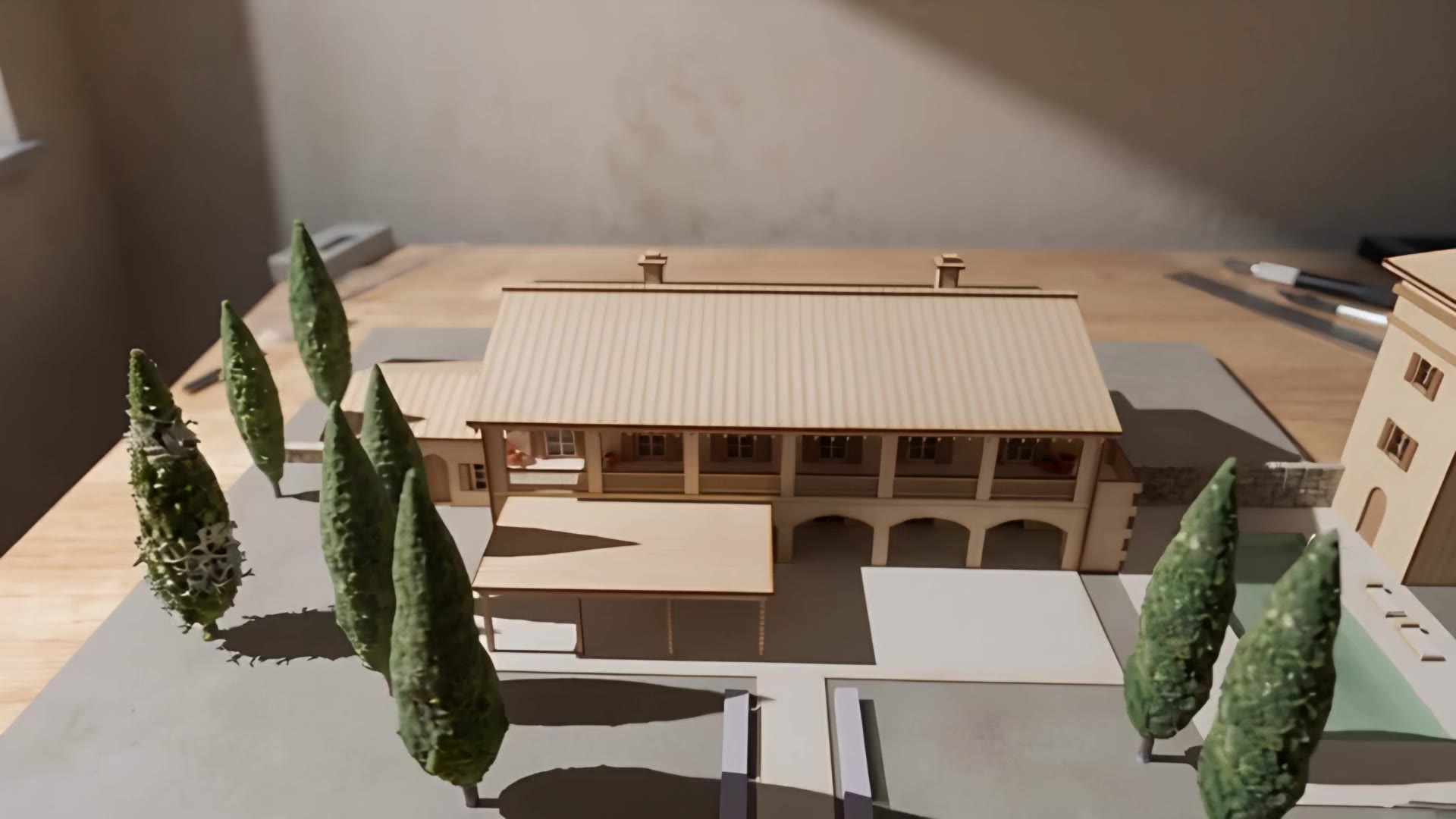 The 1:200 balsa model of MONTEVERO on a studio table