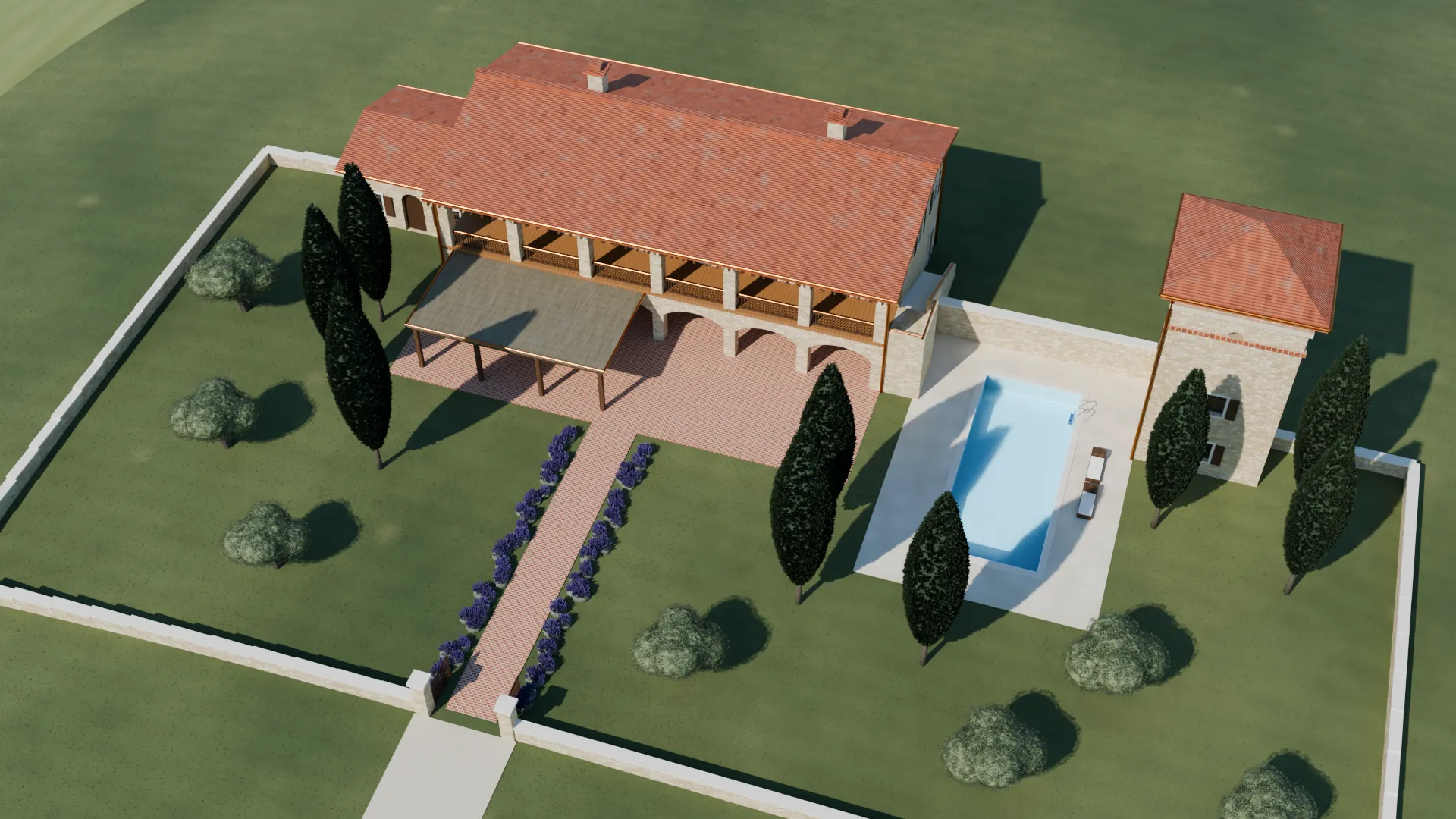 Bird's-eye view of the casale: main house with loggia, west wing, dovecote tower and pool